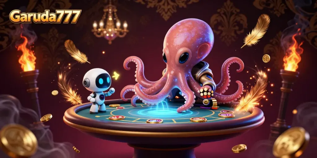 Gambaran Garuda777 menampilkan alien gurita beraksi di meja poker hologram dengan efek berkilau.