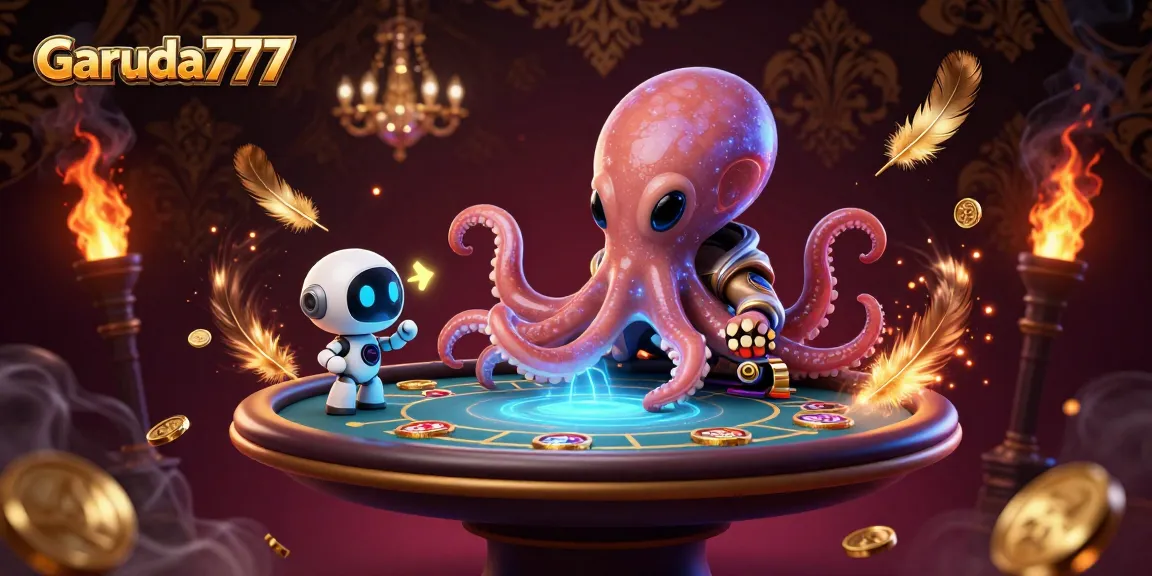 Gambaran Garuda777 menampilkan alien gurita beraksi di meja poker hologram dengan efek berkilau.