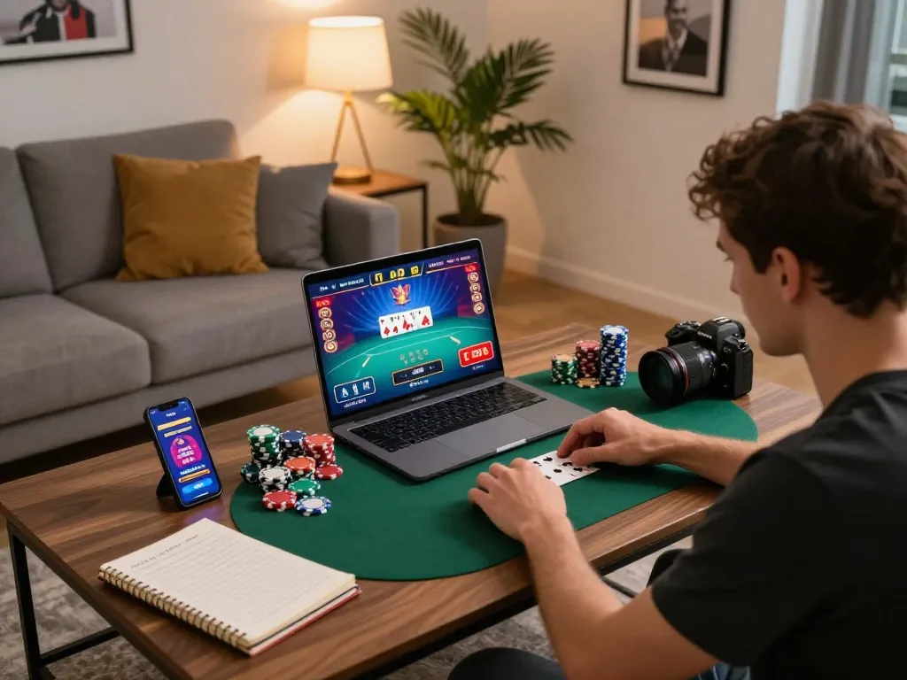Kuwin online gaming scene with a player focused on poker strategies in a stylish living room.