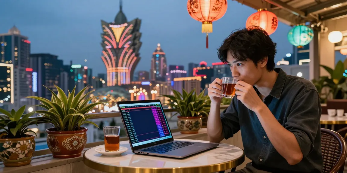 Engaged user analyzing rajabandot togel data in vibrant Macau setting.