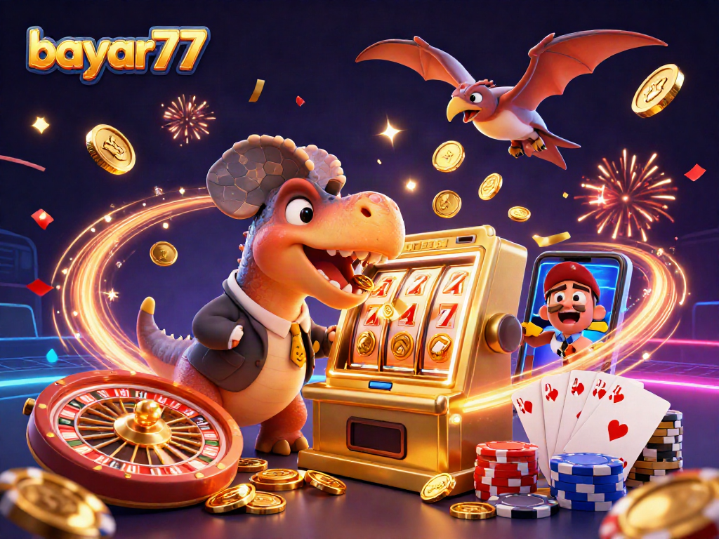 Bayar77 memperlihatkan dino kartu bertarung mesin slot emas dalam suasana penuh koin dan konfeti.