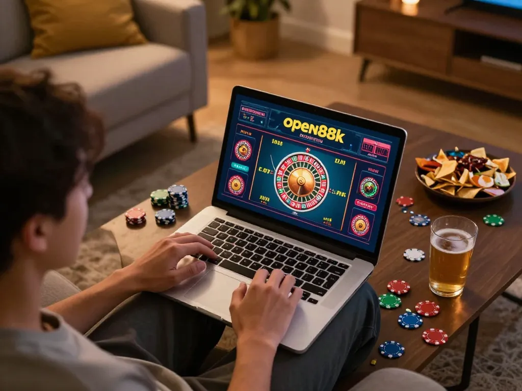 Engaging player using open88k for online casino gaming at home with vibrant interface.