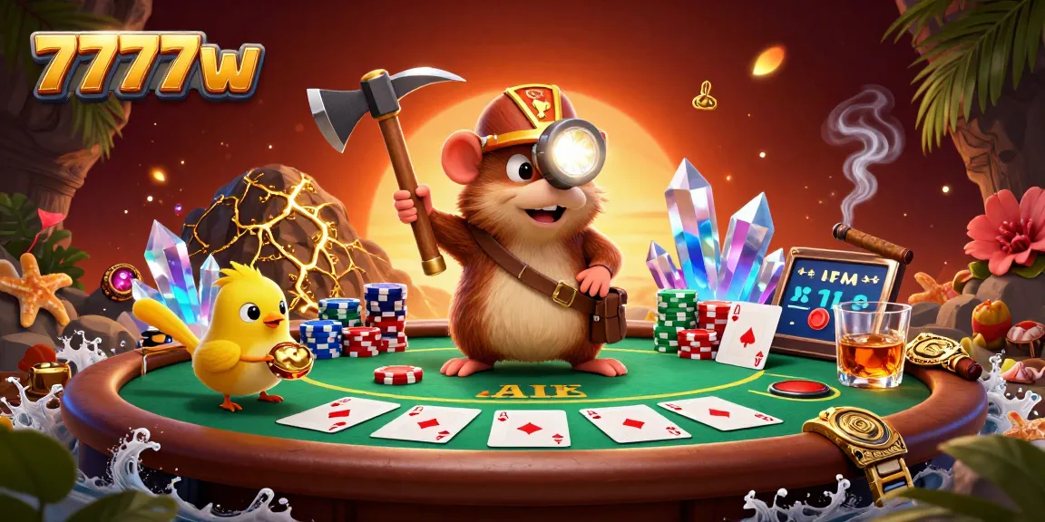 Experience thrilling gameplay at 7777w with a vibrant poker scene featuring a treasure hunter mole and gems.
