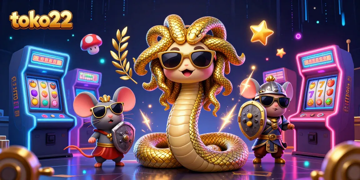 Spin the reels at toko22 with Medusa and a warrior mouse in a colorful casino scene.