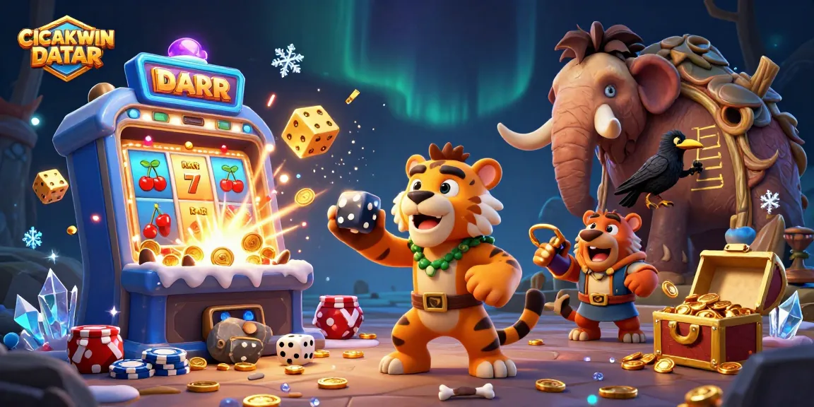 CICAKWIN DATAR showcases a dazzling prehistoric casino scene with luck symbols, vibrant characters, and dynamic game elements.