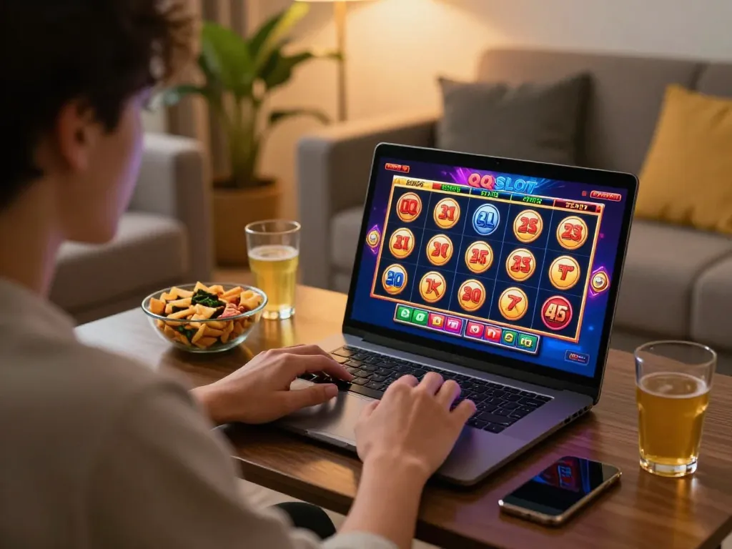 Engaging in QQ SLOT gameplay on a laptop in a cozy living room.