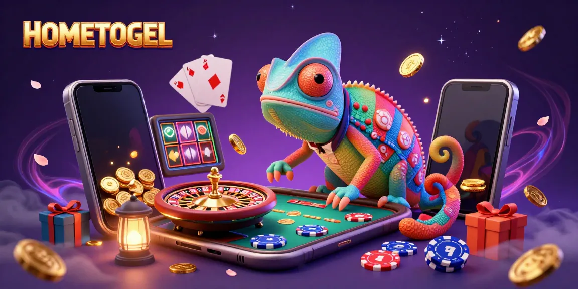 Experience thrilling gameplay at HOMETOGEL with a vibrant chameleon casino owner and dynamic gaming elements.