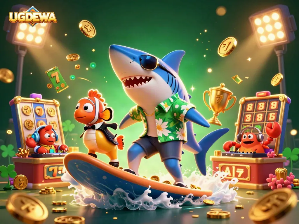 Win big with UGDEWA as a shark surfs through gold coins with slot reels and lucky symbols.