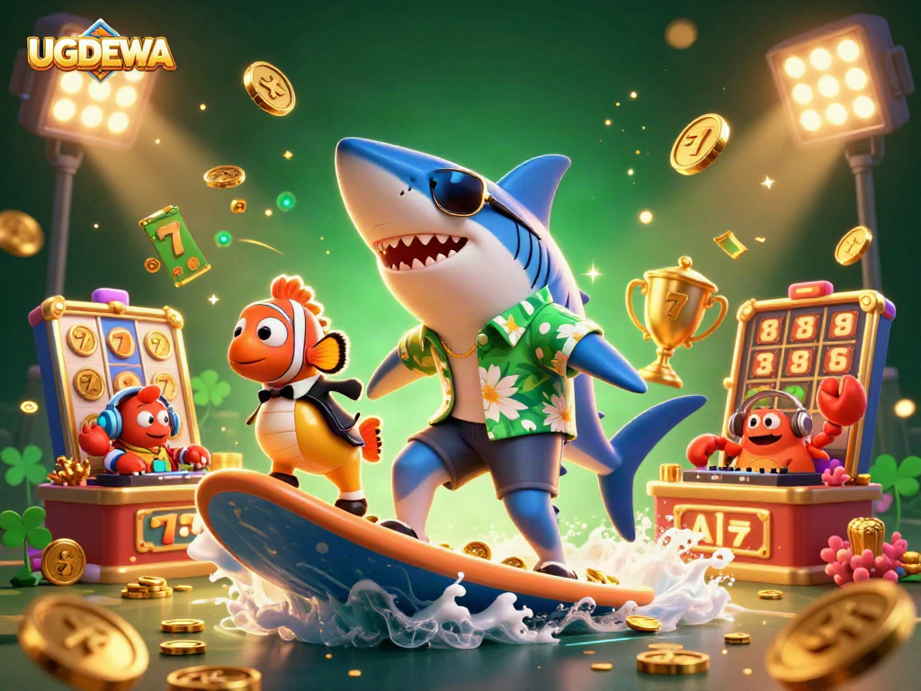 Win big with UGDEWA as a shark surfs through gold coins with slot reels and lucky symbols.