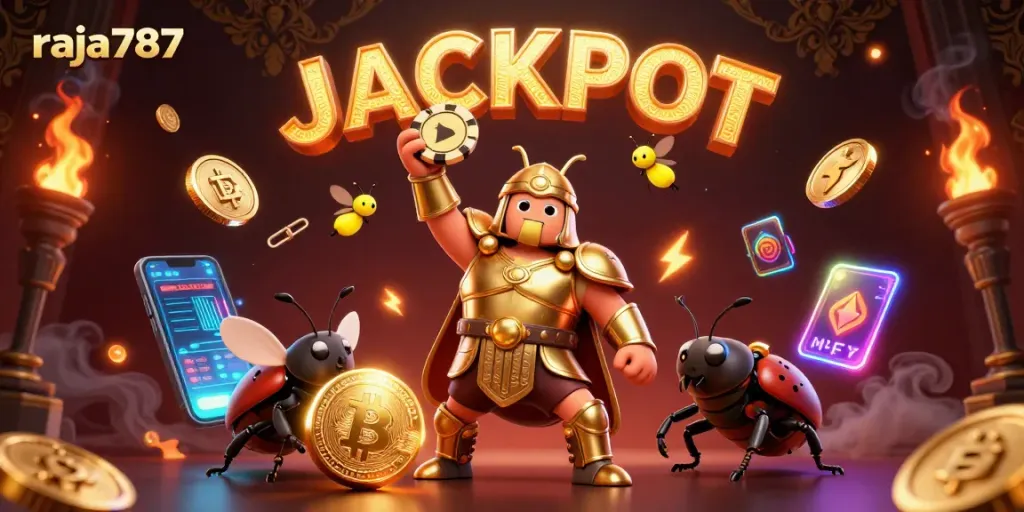Raja787 menampilkan jackpot dengan ilustrasi karakter beruang hercules dan kupu-kupu menyertai.