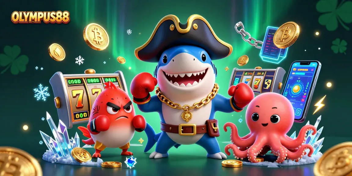 OLYMPUS88 menampilkan hiu bajak laut 3D dan ikan puffer marah dalam ilustrasi kasino yang penuh detail.