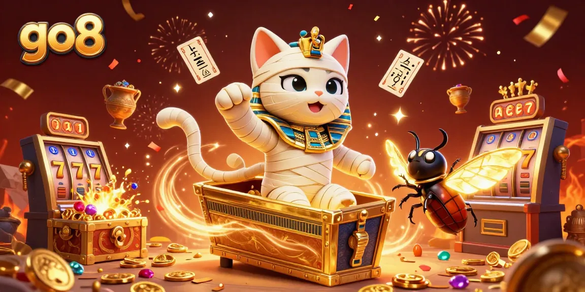 Spin the reels with go8's Egyptian mummy cat in a vibrant casino adventure.