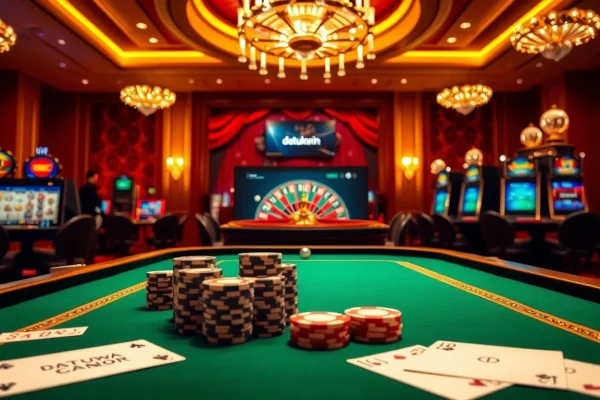 Rasakan ketegangan datukwin dengan visual kasino yang hidup, menampilkan chip poker dan mesin slot.