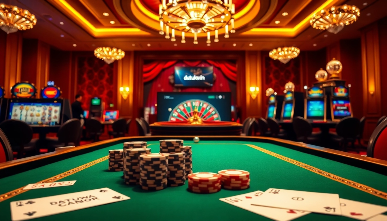 Rasakan ketegangan datukwin dengan visual kasino yang hidup, menampilkan chip poker dan mesin slot.