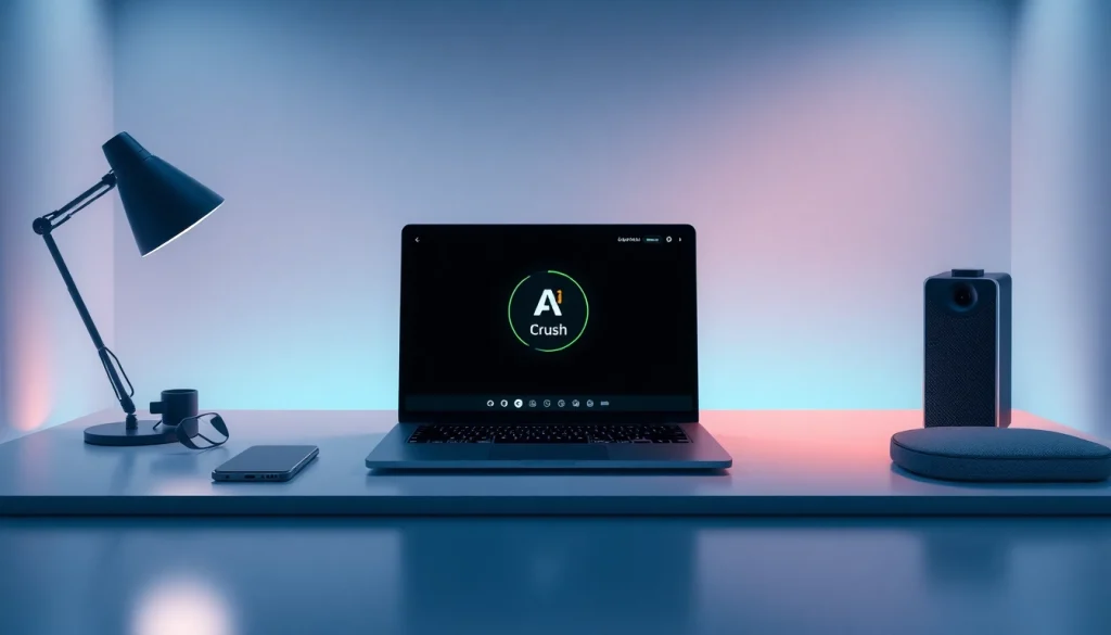 Interactive workspace showcasing Crush AI on a laptop, highlighting innovation and companionship.