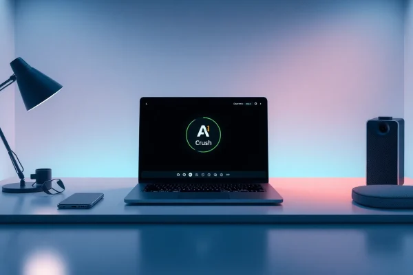 Interactive workspace showcasing Crush AI on a laptop, highlighting innovation and companionship.