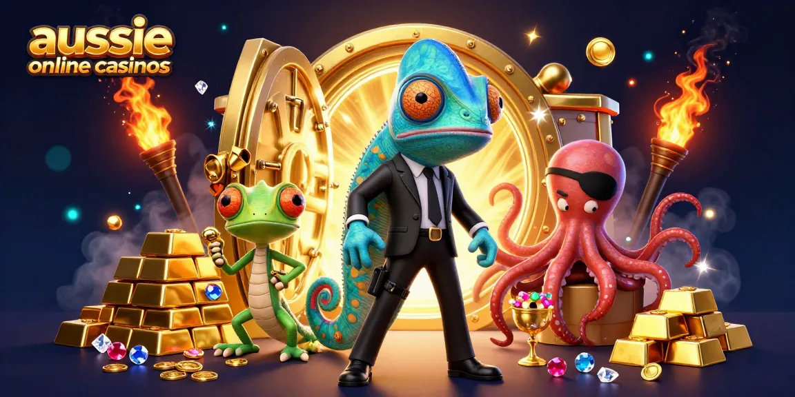 A dynamic scene showing the chameleon secret agent battling for real money in aussie online casinos.